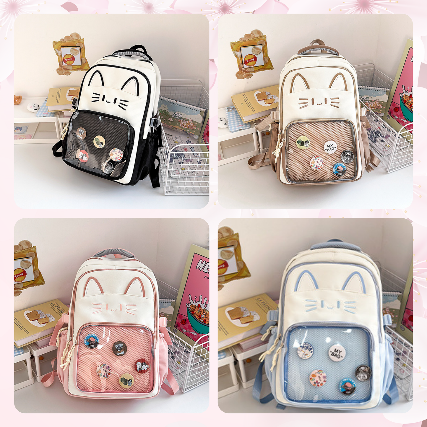 CatFace ita backpack, kawaii ita ba, enamel pin display bag, anime convention bag,  clear window ita backpack, kawaii school backpack