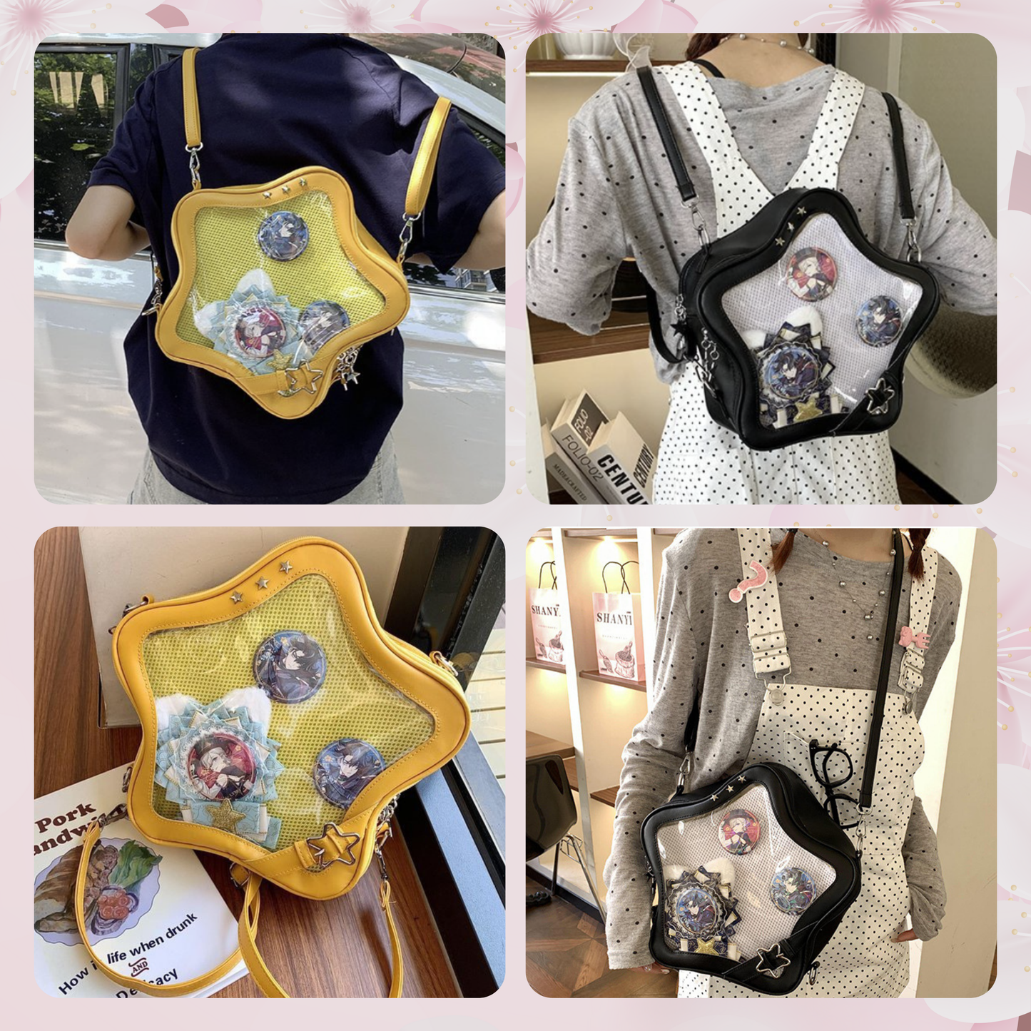 Yellow Star ITA backpack, kawaii star bag, ita backpack, enamel pin ita bag, PU leather ita bag, cosplay bag, anime convention ita bag