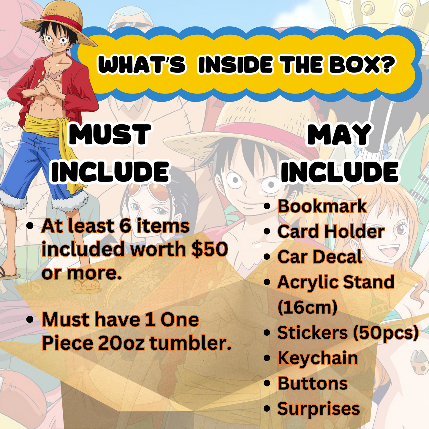 Blind Date with One Piece Mystery Box – 20oz Tumbler + 5 Surprise One Piece Merch Items