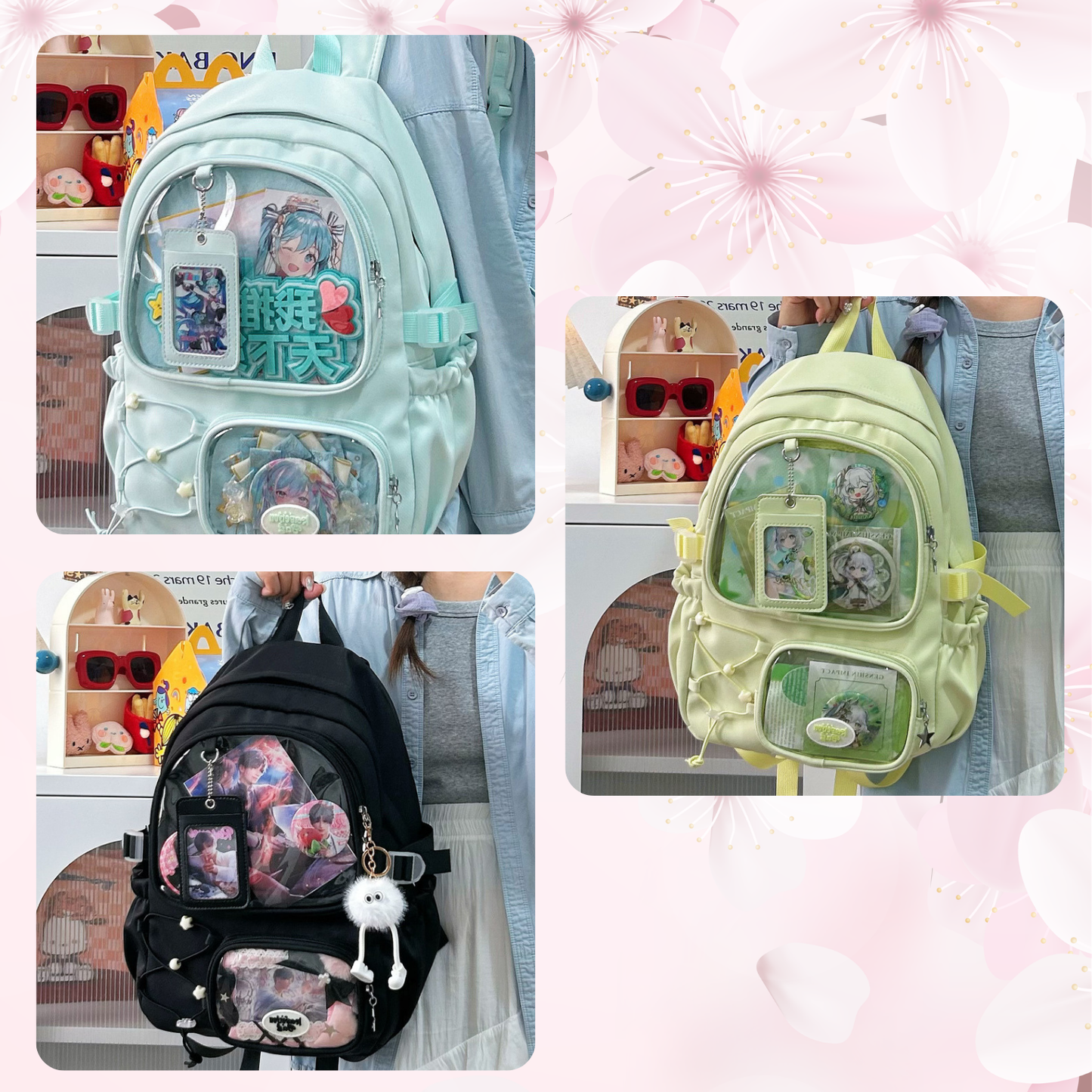 Large ita backpack with 2 clear window, ITA Backpack,enamel pin display bag,anime convention bag, clear window ita backpack, school backpack