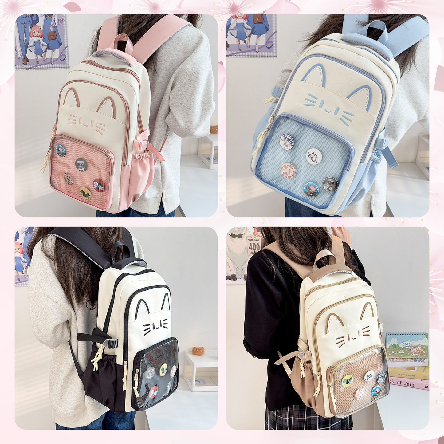 CatFace ita backpack, kawaii ita ba, enamel pin display bag, anime convention bag,  clear window ita backpack, kawaii school backpack