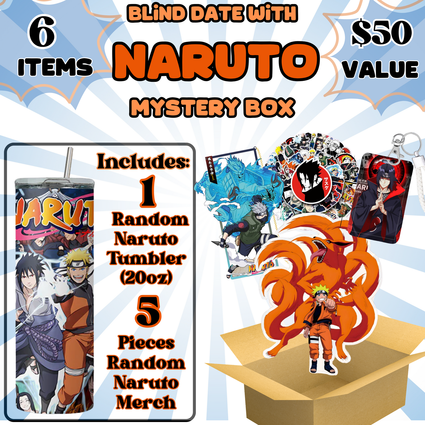 Blind Date with Naruto Mystery Box – 20oz Tumbler + 5 Surprise Naruto Merch Items