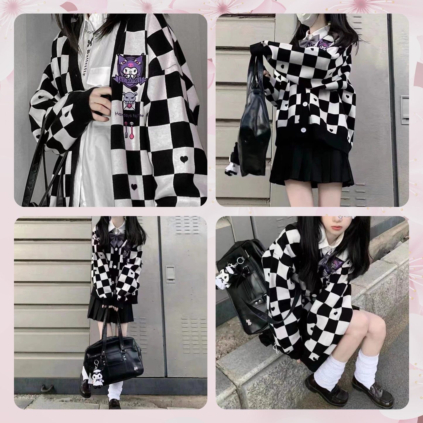 One Sized/Unisize Sanrio Checkered Cardigan, Cute Sweater Cardigan Cartoon, Embroidery Checkerboard Heart sweater, Student Uniform style