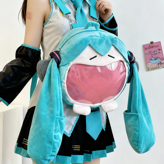 Large Hatsune Miku Face Plush ITA Backpack, Adjustable Strap Bag, convertible cross body & backpack ita bag Kawaii Anime Backpack
