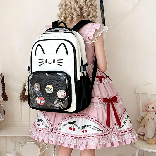CatFace ita backpack, kawaii ita ba, enamel pin display bag, anime convention bag,  clear window ita backpack, kawaii school backpack