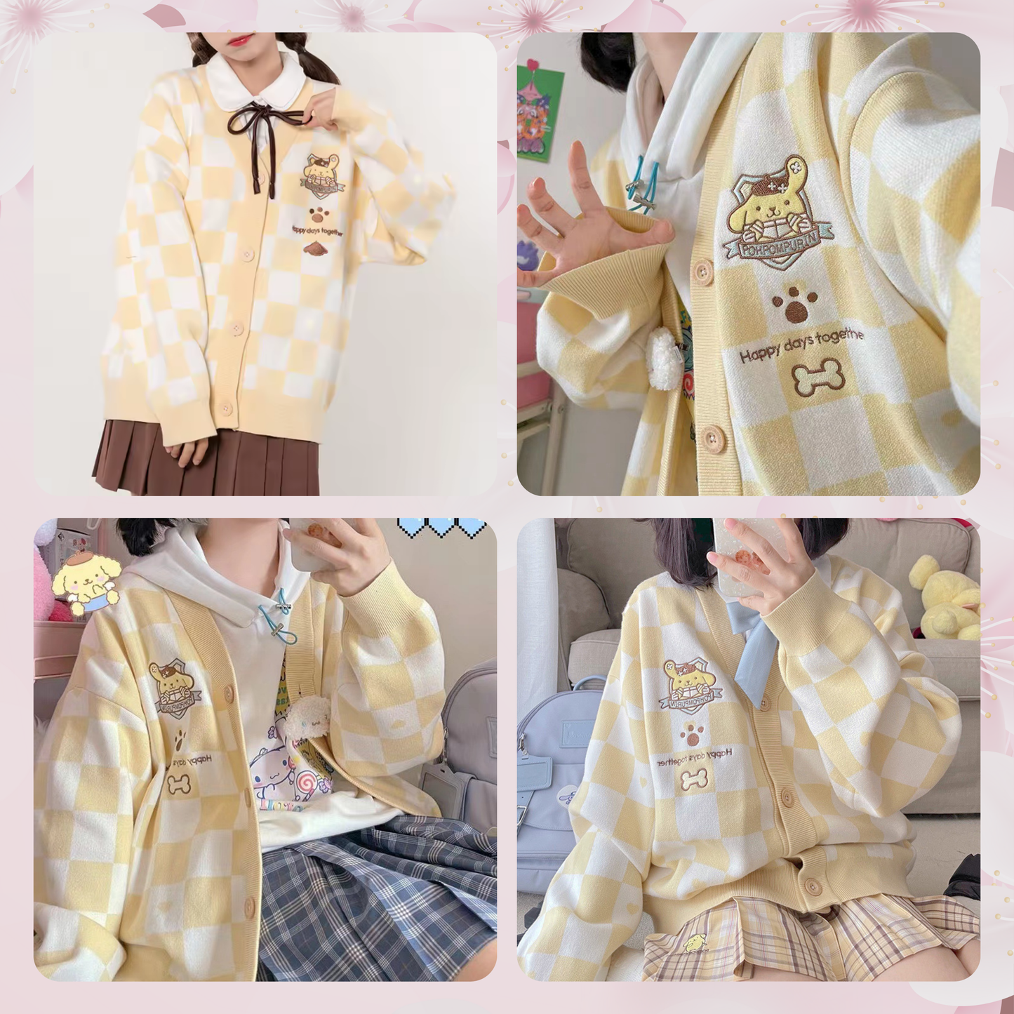 One Sized/Unisize Sanrio Checkered Cardigan, Cute Sweater Cardigan Cartoon, Embroidery Checkerboard Heart sweater, Student Uniform style