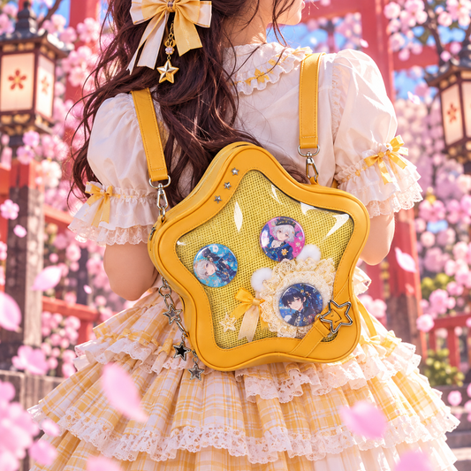 Yellow Star ITA backpack, kawaii star bag, ita backpack, enamel pin ita bag, PU leather ita bag, cosplay bag, anime convention ita bag