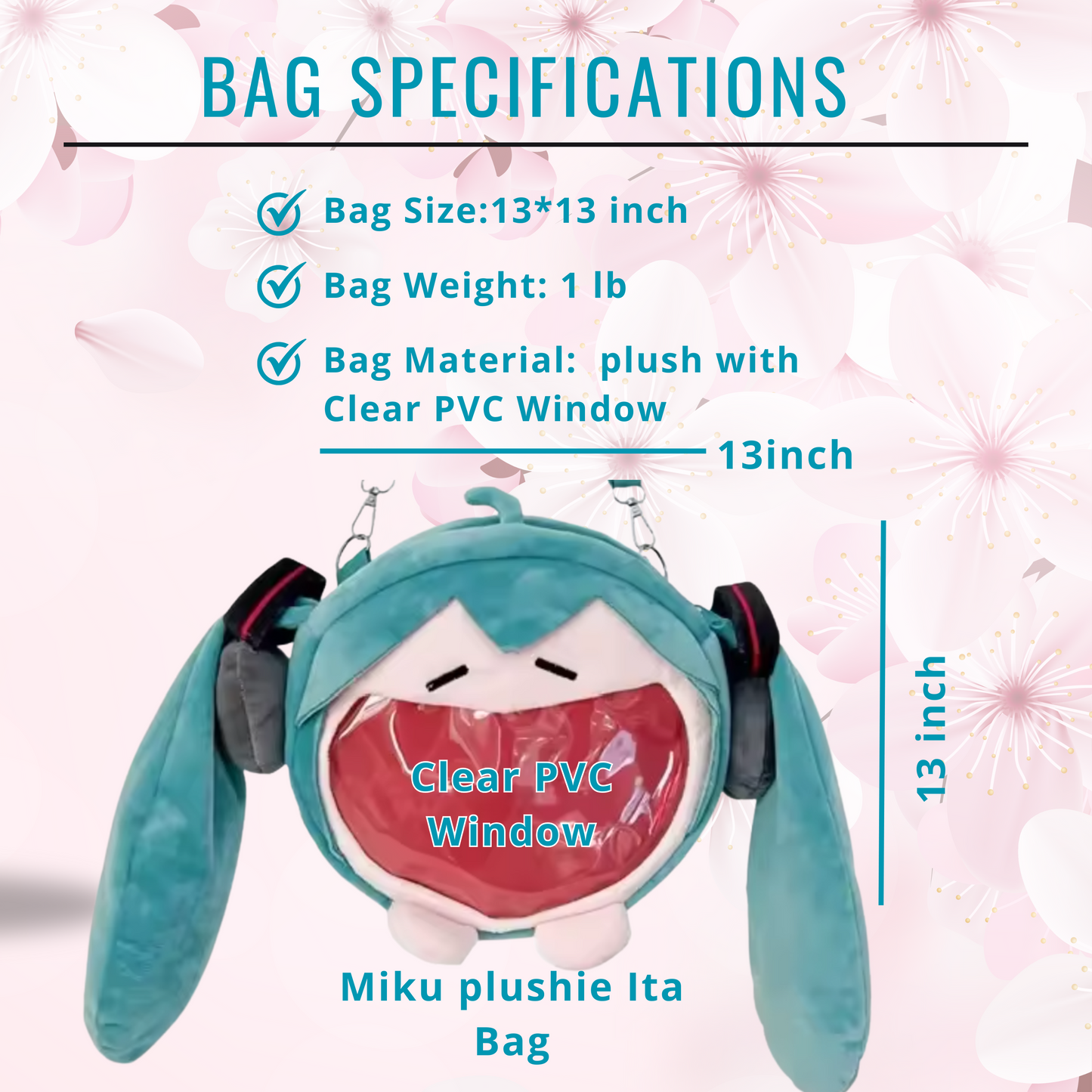Large Hatsune Miku Face Plush ITA Backpack, Adjustable Strap Bag, convertible cross body & backpack ita bag Kawaii Anime Backpack