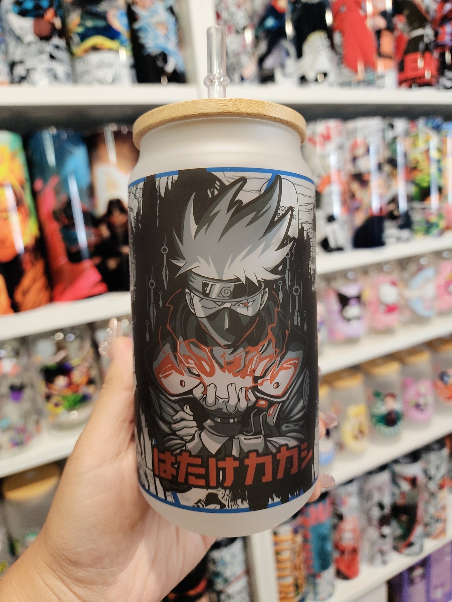 Naruto Anime Matte/ Frosted Glass cup 16oz Beer Can Glass with Straw and Lid