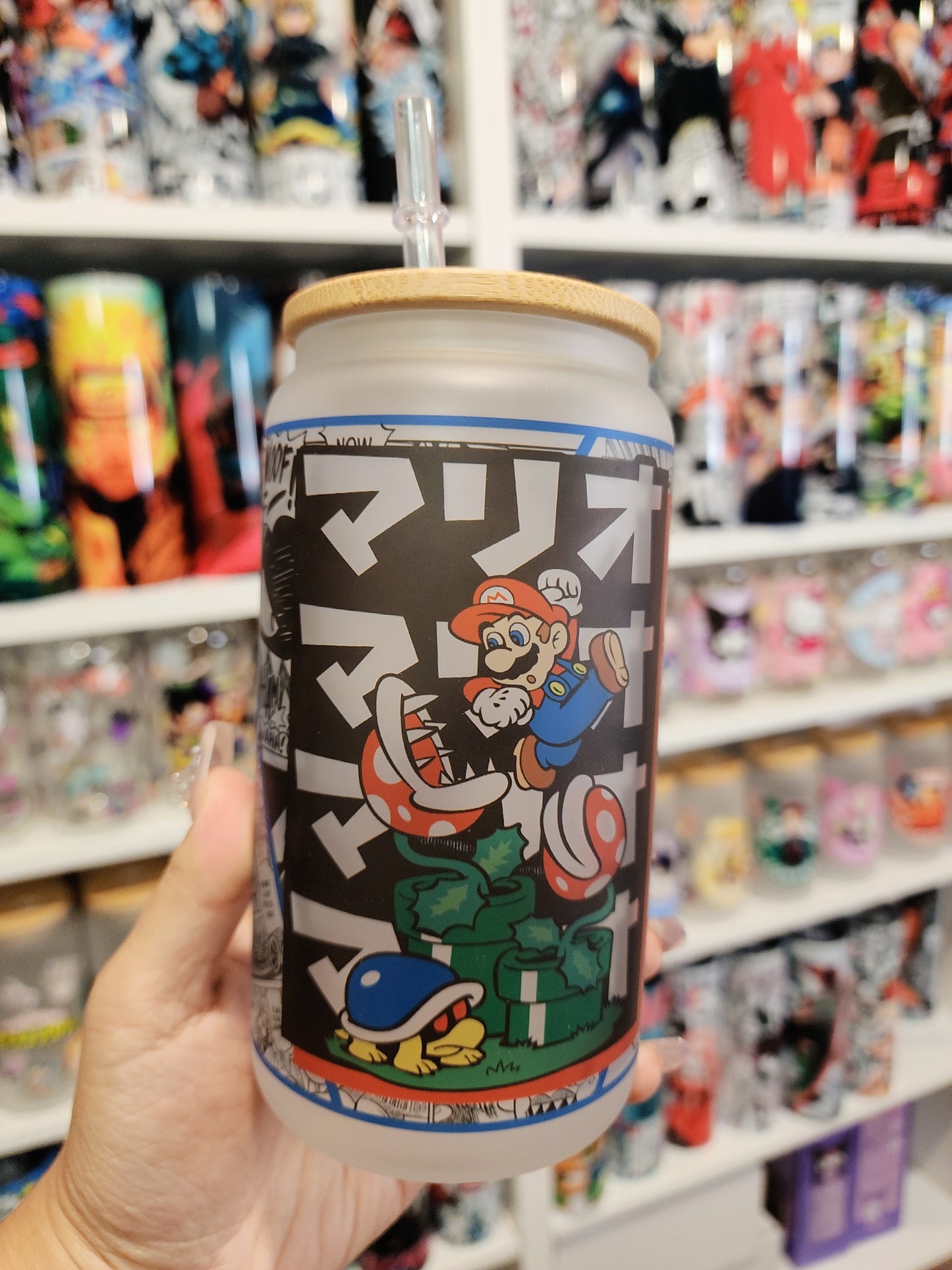 SuperMario Anime Matte/ Frosted Glass cup 16oz Beer Can Glass with Straw and Lid