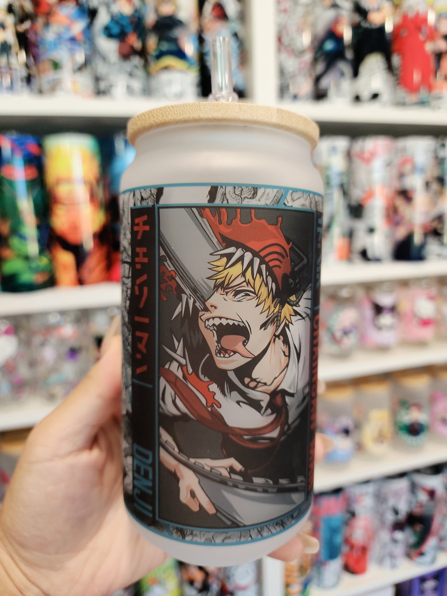 Anime Matte/ Frosted Glass cup 16oz Beer Can Glass with Straw and Lid