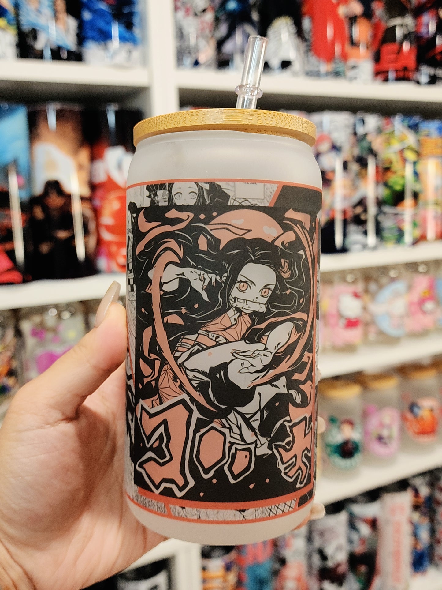 Demon Slayer Anime Matte/ Frosted Glass cup 16oz Beer Can Glass with Straw and Lid
