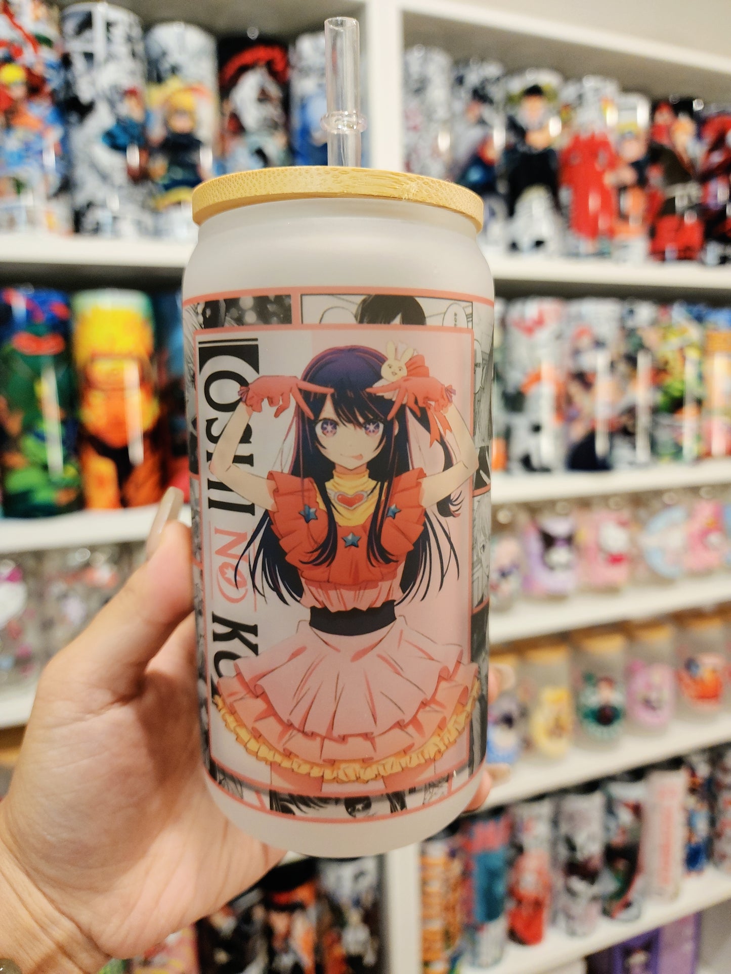 Oshi no Ko Anime Matte/ Frosted Glass cup 16oz Beer Can Glass with Straw and Lid