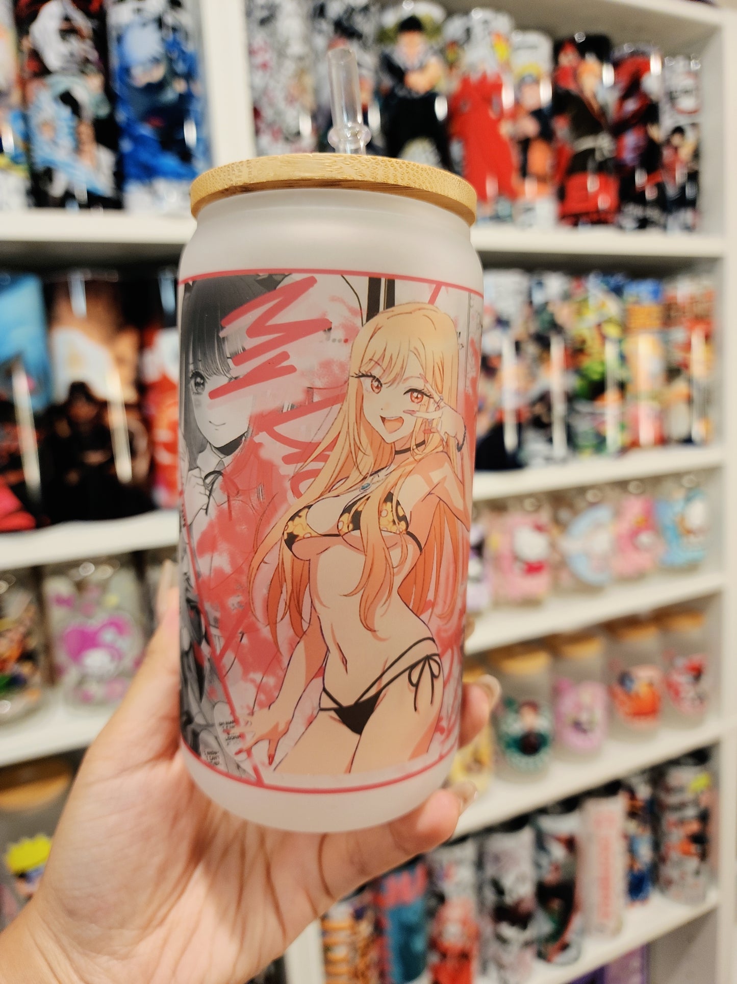 My Dress Up Darling Anime Matte/ Frosted Glass cup 16oz Beer Can Glass with Straw and Lid