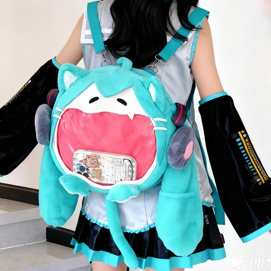Large Hatsune Miku Cat Face Plush ITA Backpack, Adjustable Strap Bag, convertible cross body & backpack ita bag Kawaii Anime Backpack