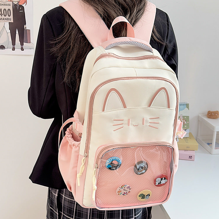 CatFace ita backpack, kawaii ita ba, enamel pin display bag, anime convention bag,  clear window ita backpack, kawaii school backpack