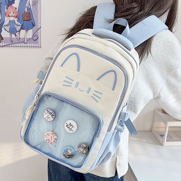 CatFace ita backpack, kawaii ita ba, enamel pin display bag, anime convention bag,  clear window ita backpack, kawaii school backpack