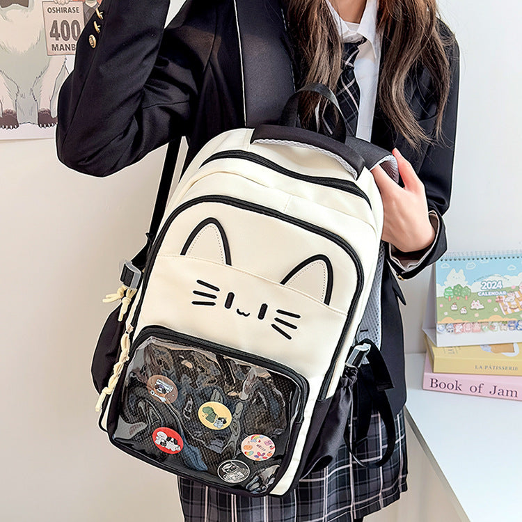 CatFace ita backpack, kawaii ita ba, enamel pin display bag, anime convention bag,  clear window ita backpack, kawaii school backpack