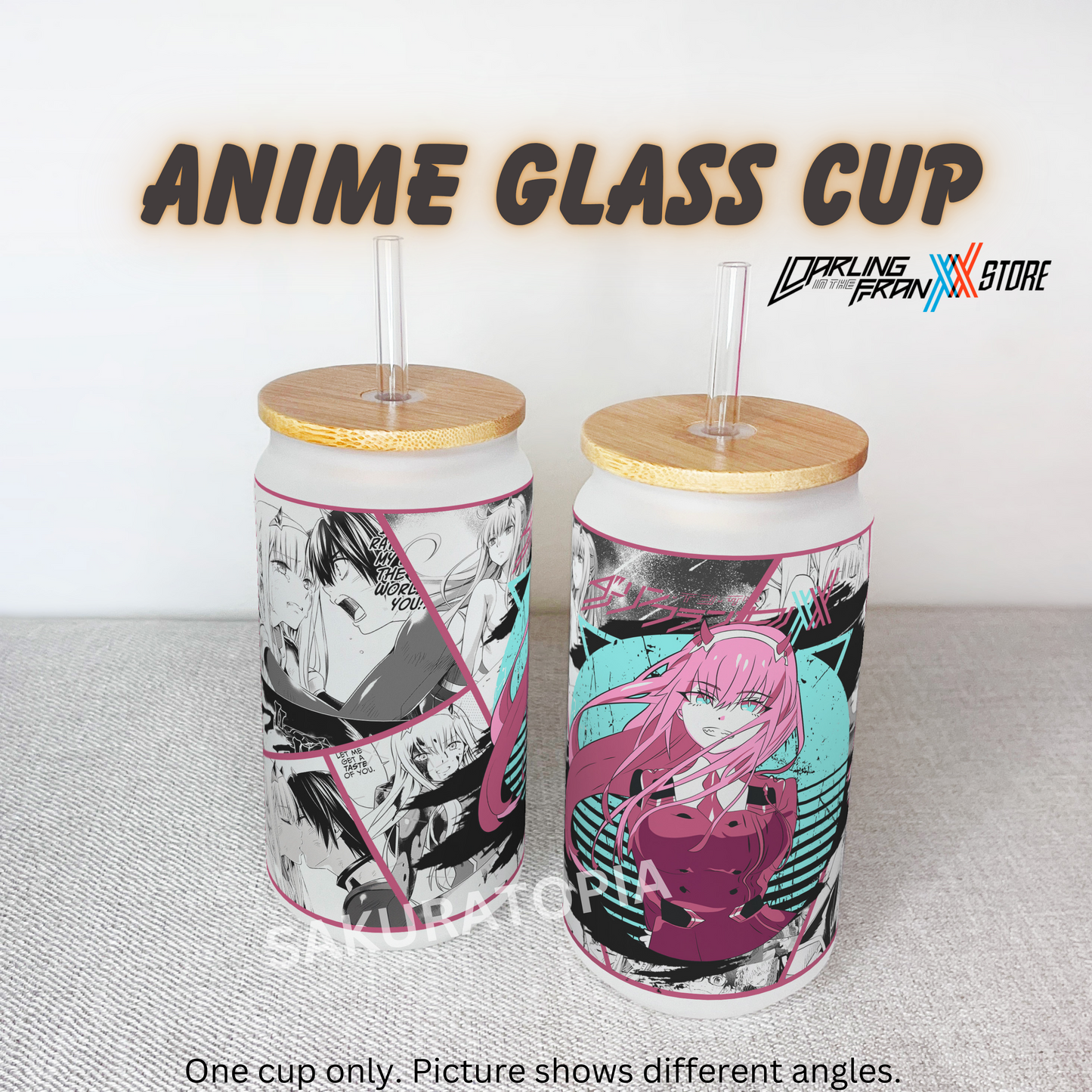 Darling In The Franxx Anime Matte/ Frosted Glass cup 16oz Beer Can Glass with Straw and Lid