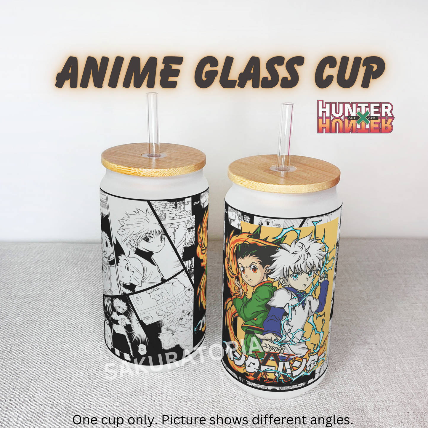 Hunter X Hunter Anime Matte/ Frosted Glass cup 16oz Beer Can Glass with Straw and Lid