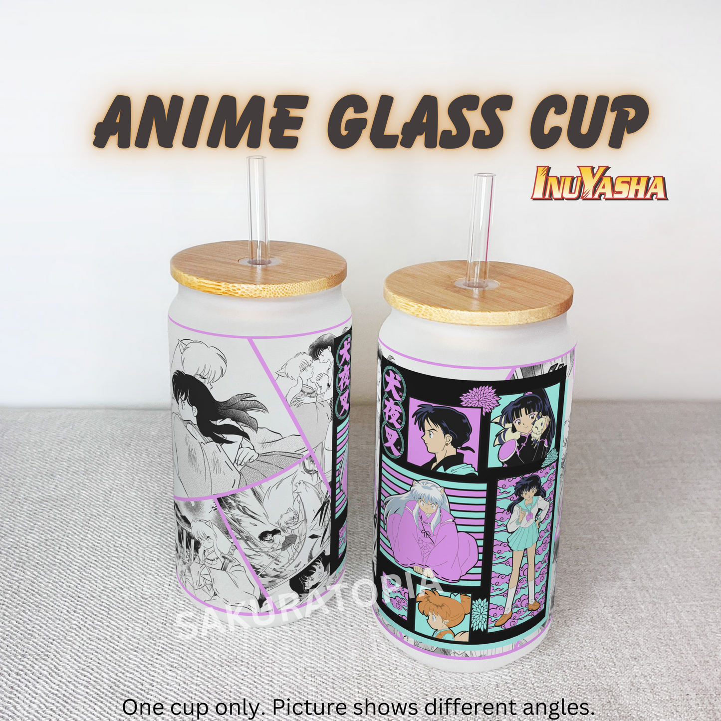 Inuyasha Anime Matte/ Frosted Glass cup 16oz Beer Can Glass with Straw and Lid