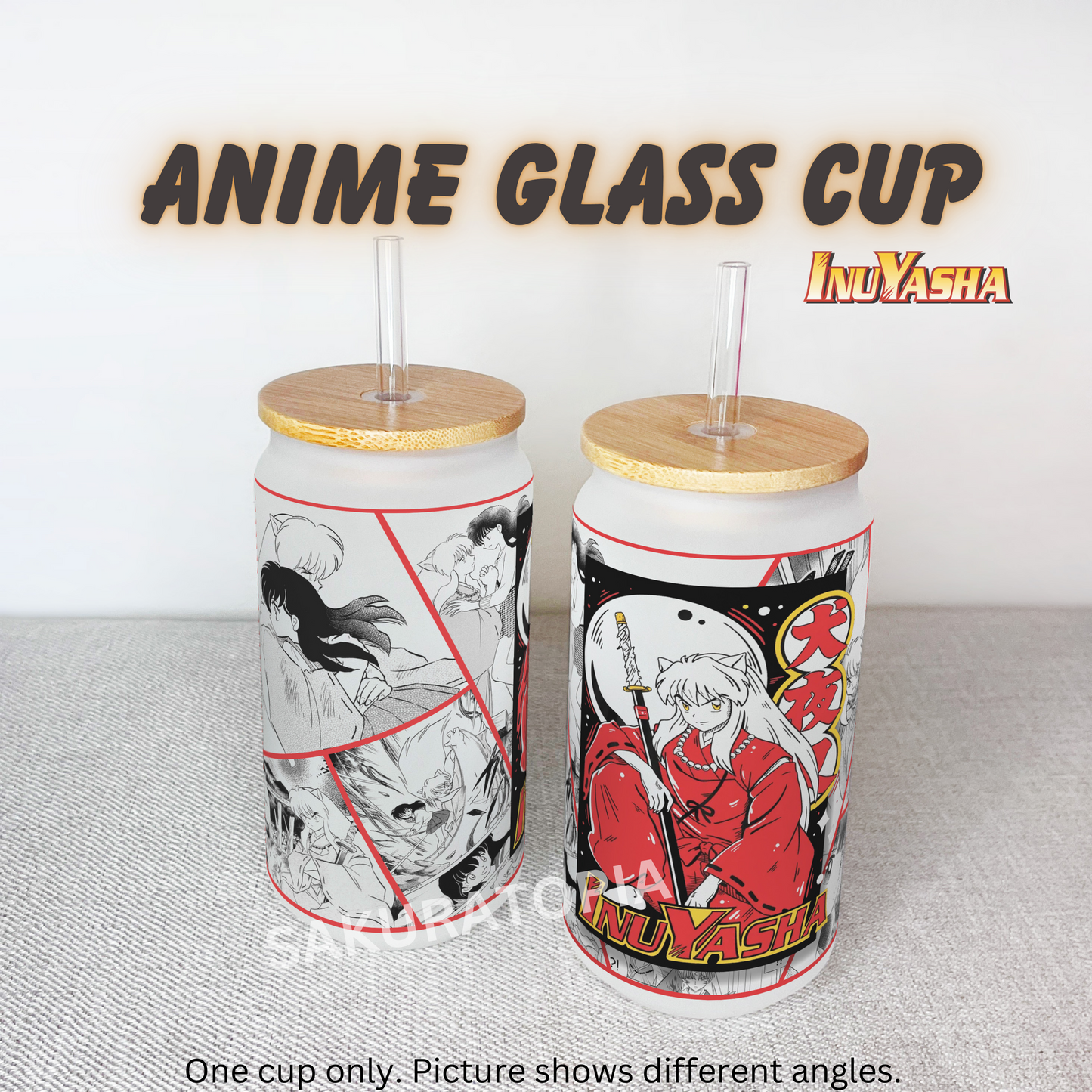 Inuyasha Anime Matte/ Frosted Glass cup 16oz Beer Can Glass with Straw and Lid