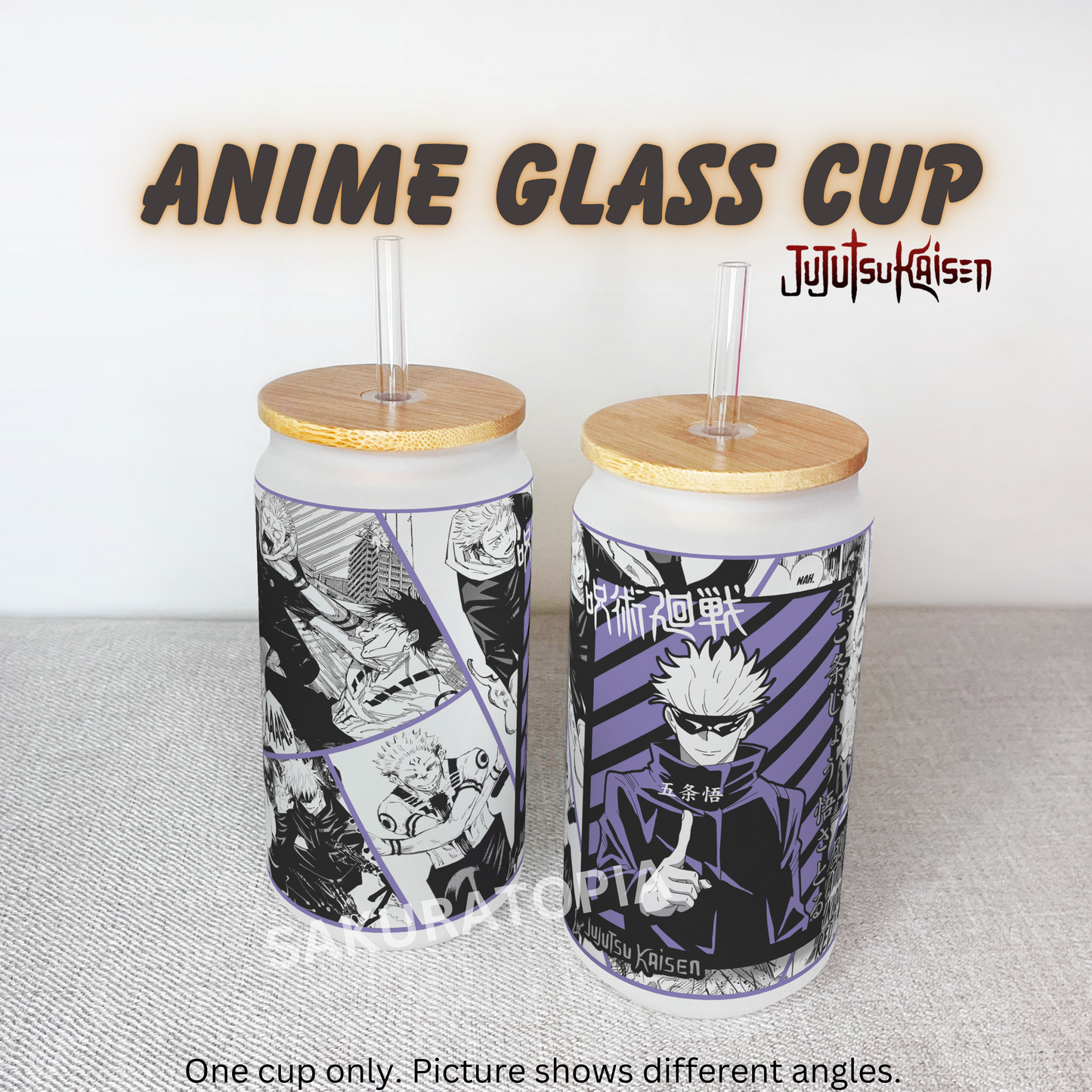 Jujutsu Kaisen Anime Matte/ Frosted Glass cup 16oz Beer Can Glass with Straw and Lid