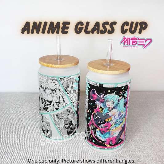 Hatsune Miku Anime Matte/ Frosted Glass cup 16oz Beer Can Glass with Straw and Lid