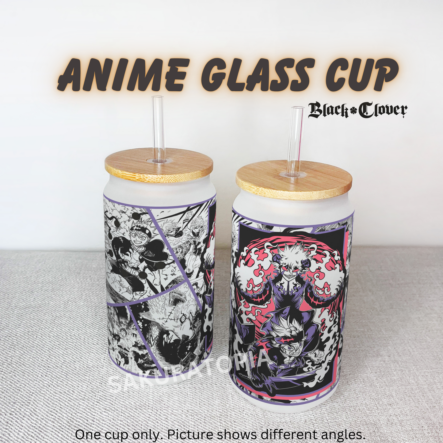 Black Clover Anime Matte/Frosted Glass cup 16oz Beer Can Glass with Straw and Lid