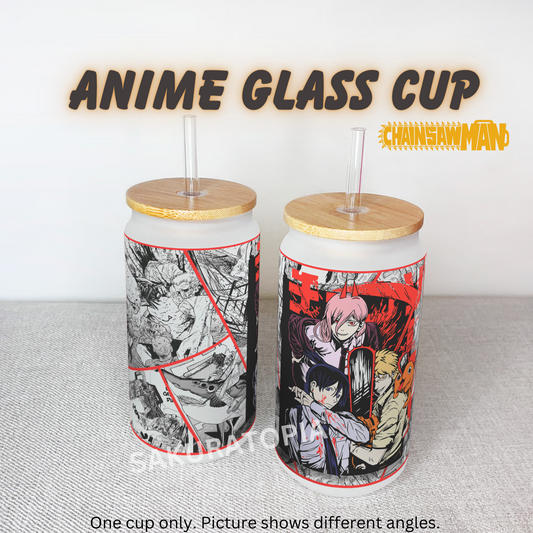 Chainsaw Man Anime Matte/ Frosted Glass cup 16oz Beer Can Glass with Straw and Lid