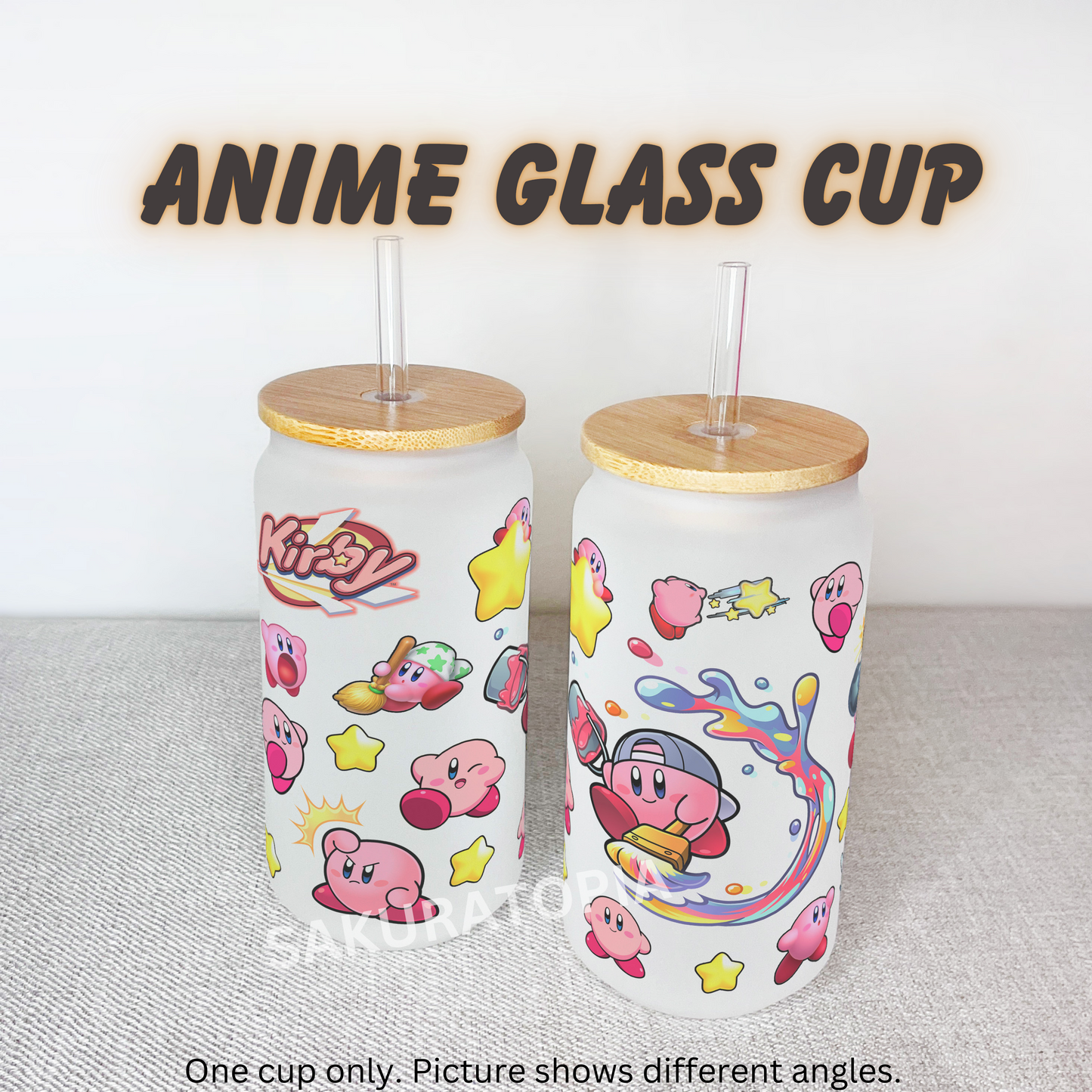 Kirby Anime Matte/ Frosted Glass cup 16oz Beer Can Glass with Straw and Lid