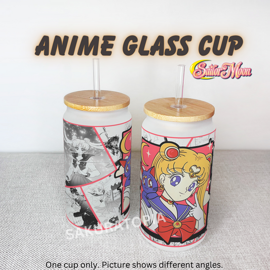 Sailor Moon Anime Matte/ Frosted Glass cup 16oz Beer Can Glass with Straw and Lid