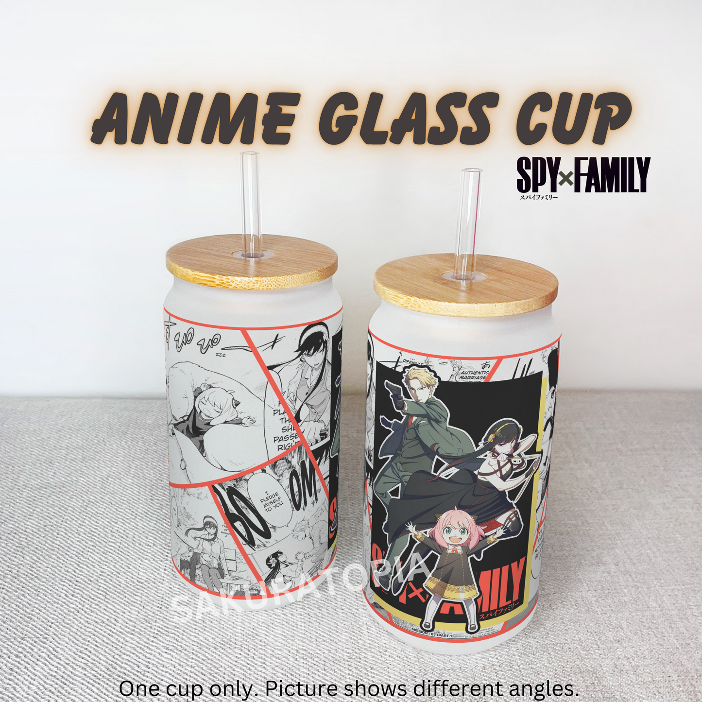 Spy X Family Anime Matte/ Frosted Glass cup 16oz Beer Can Glass with Straw and Lid