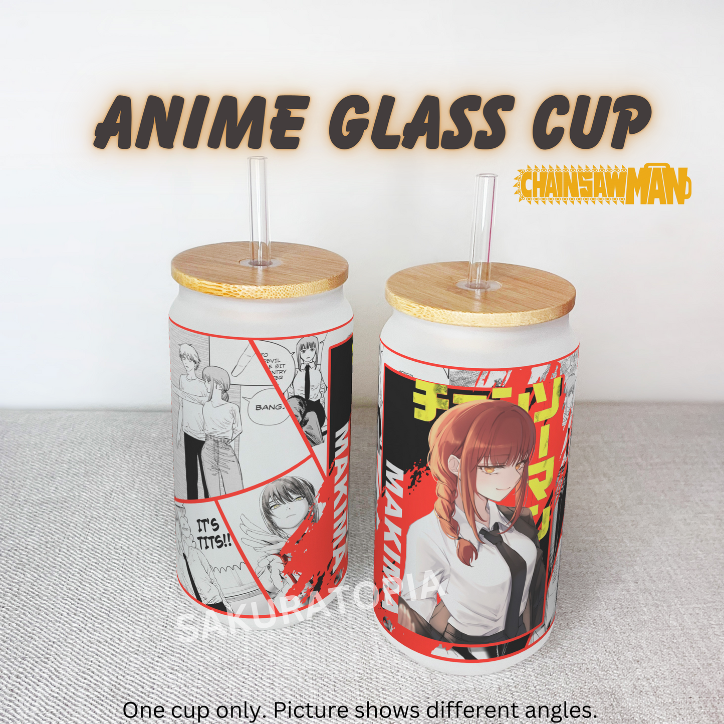Chainsaw Man Anime Matte/ Frosted Glass cup 16oz Beer Can Glass with Straw and Lid
