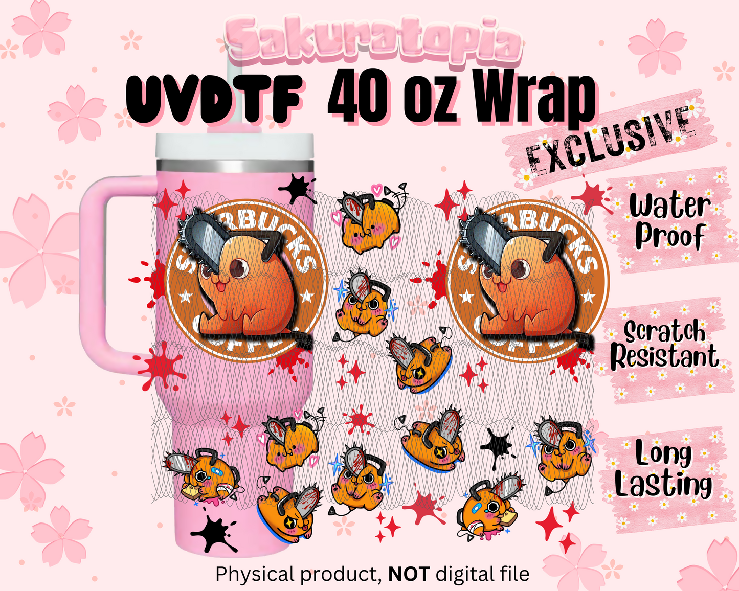 UVDTF 40oz Tumbler Chainsaw Man- Pochita Anime Wrap, Ready to Use Tumbler UVDTF transfers for tumbler | Ready to Apply UVDTF wraps for 40oz tumbler