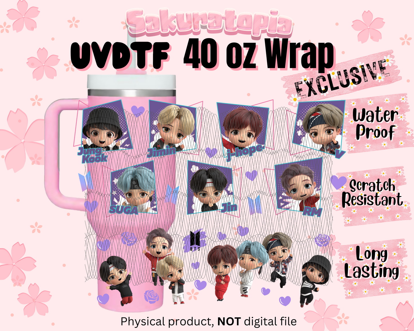 UVDTF 40oz Tumbler BTS Anime Wrap, Ready to Use Tumbler UVDTF transfers for tumbler | Ready to Apply UVDTF wraps for 40oz tumbler