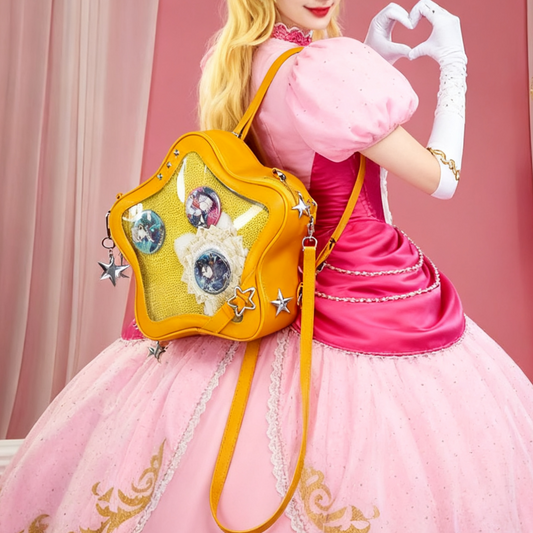 Yellow Star ITA backpack, kawaii star bag, ita backpack, enamel pin ita bag, PU leather ita bag, cosplay bag, anime convention ita bag