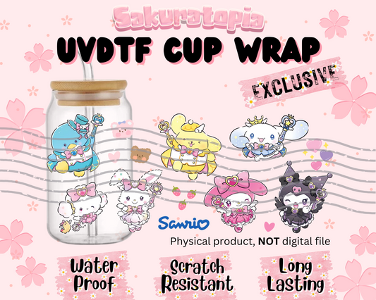 Sanrio Anime Cup Wrap, Ready to Use Glass Cup UVDTF transfers for Glass Can | Ready to Apply UVDTF wraps for Libbey Glass