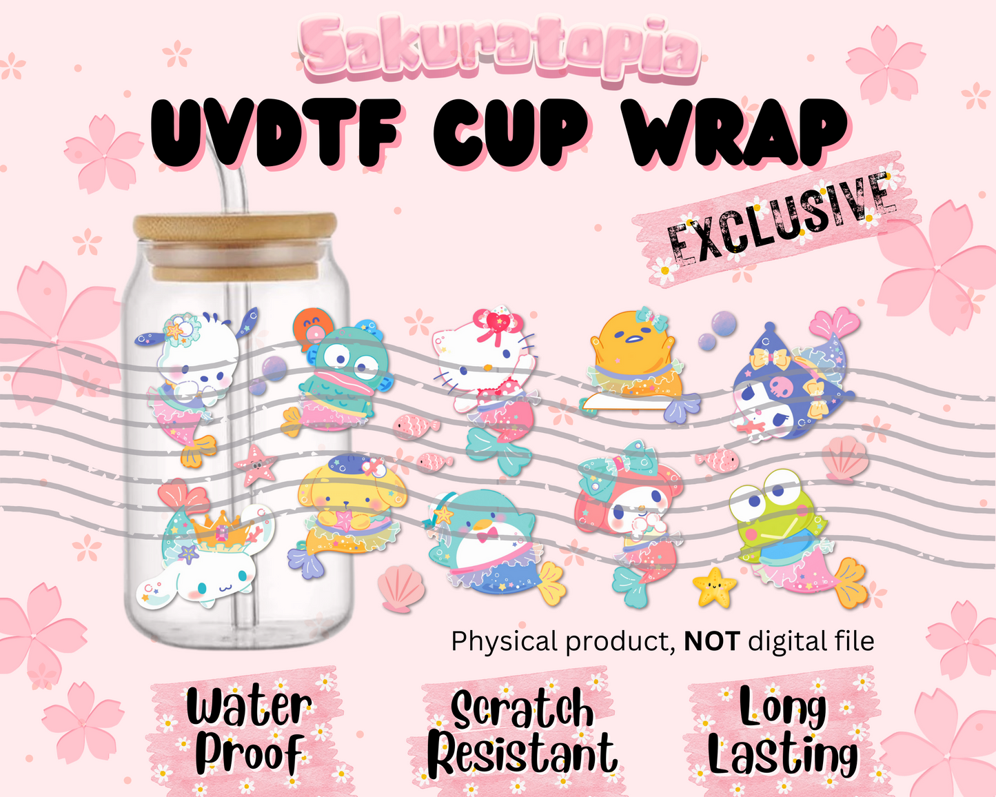 Sanrio Anime Cup Wrap, Ready to Use Glass Cup UVDTF transfers for Glass Can | Ready to Apply UVDTF wraps for Libbey Glass