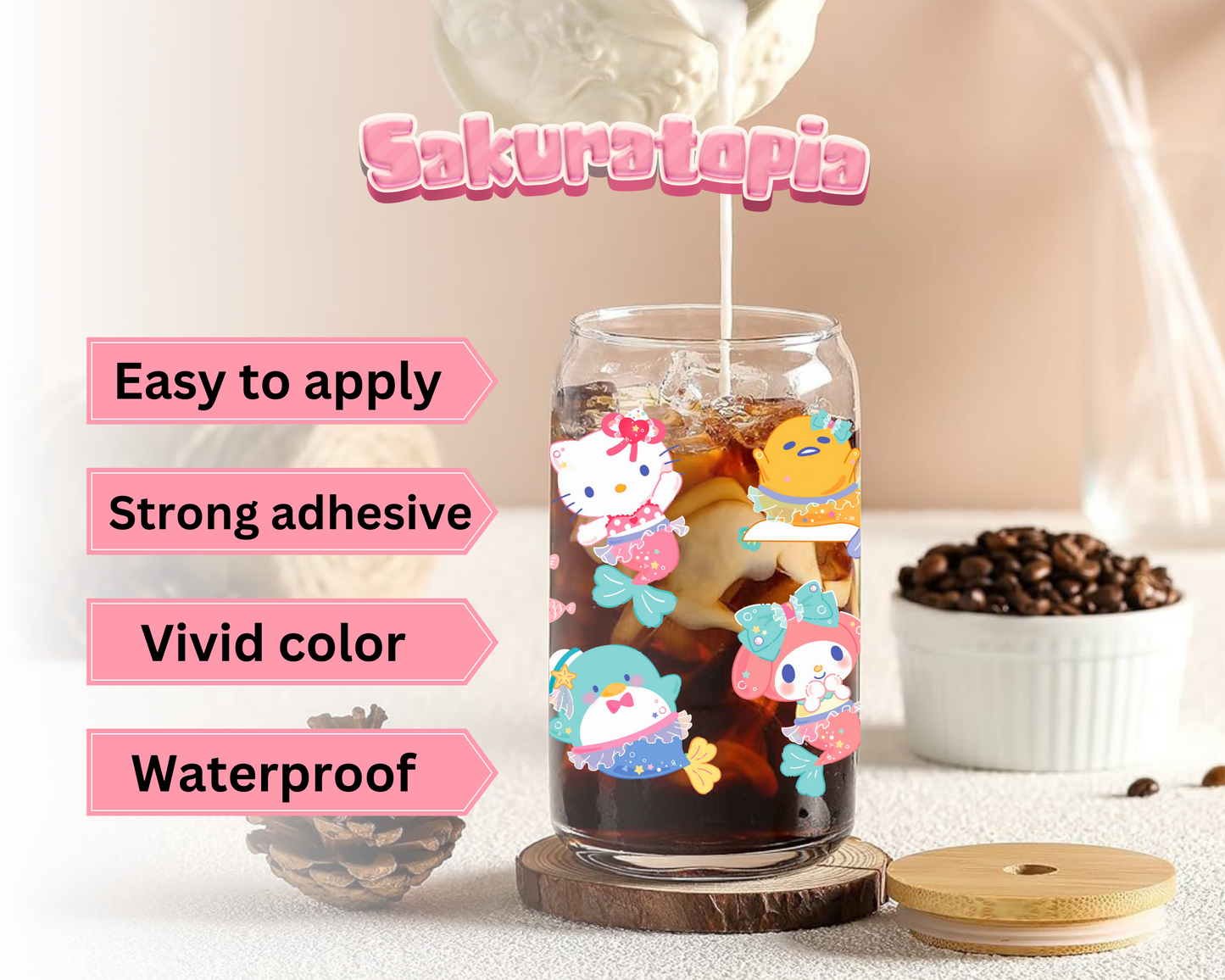 Sanrio Anime Cup Wrap, Ready to Use Glass Cup UVDTF transfers for Glass Can | Ready to Apply UVDTF wraps for Libbey Glass