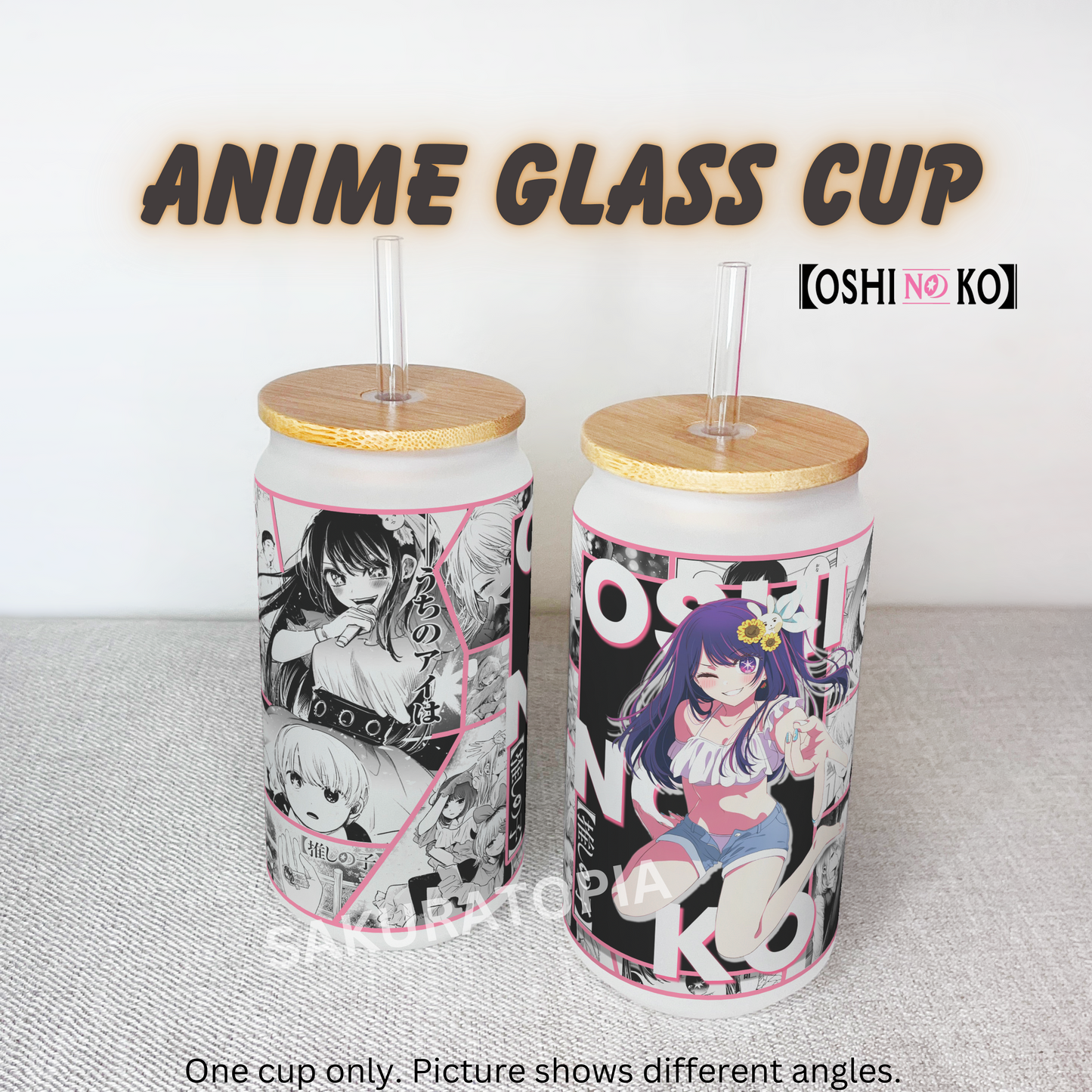 Oshi no Ko Anime Matte/ Frosted Glass cup 16oz Beer Can Glass with Straw and Lid