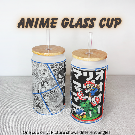 SuperMario Anime Matte/ Frosted Glass cup 16oz Beer Can Glass with Straw and Lid