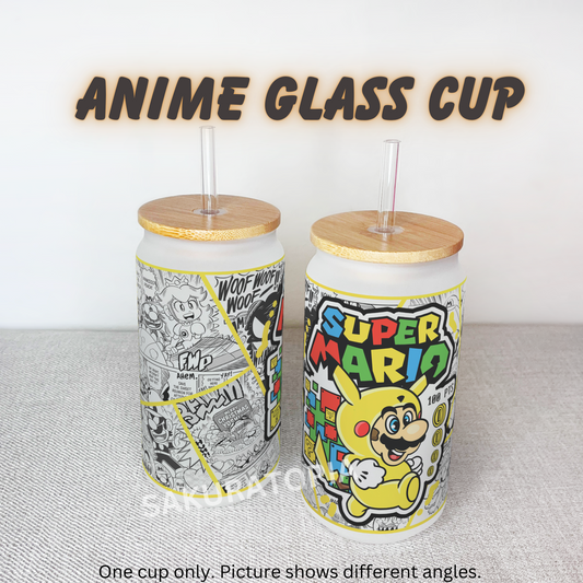 SuperMario Anime Matte/ Frosted Glass cup 16oz Beer Can Glass with Straw and Lid