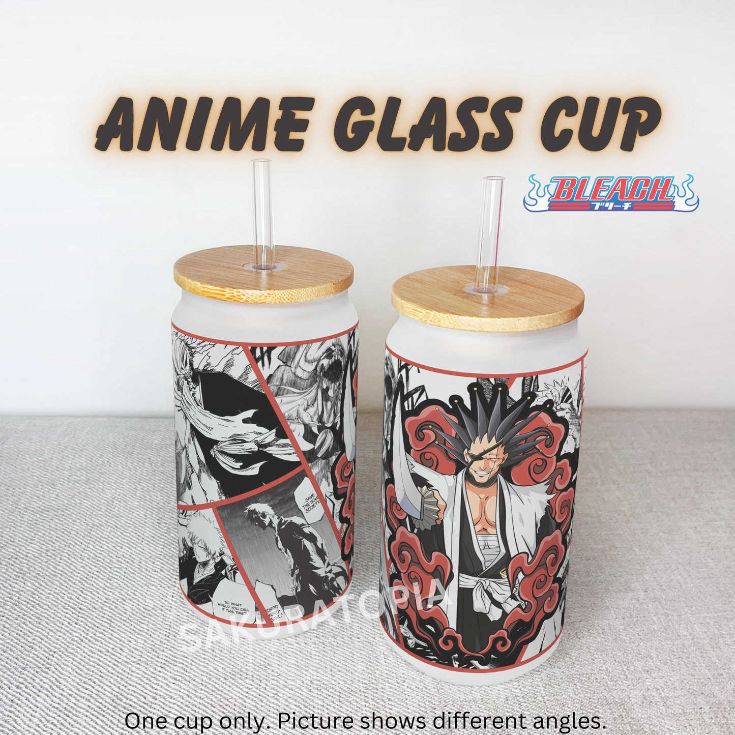 Bleach Anime Matte/ Frosted Glass cup 16oz Beer Can Glass with Straw and Lid