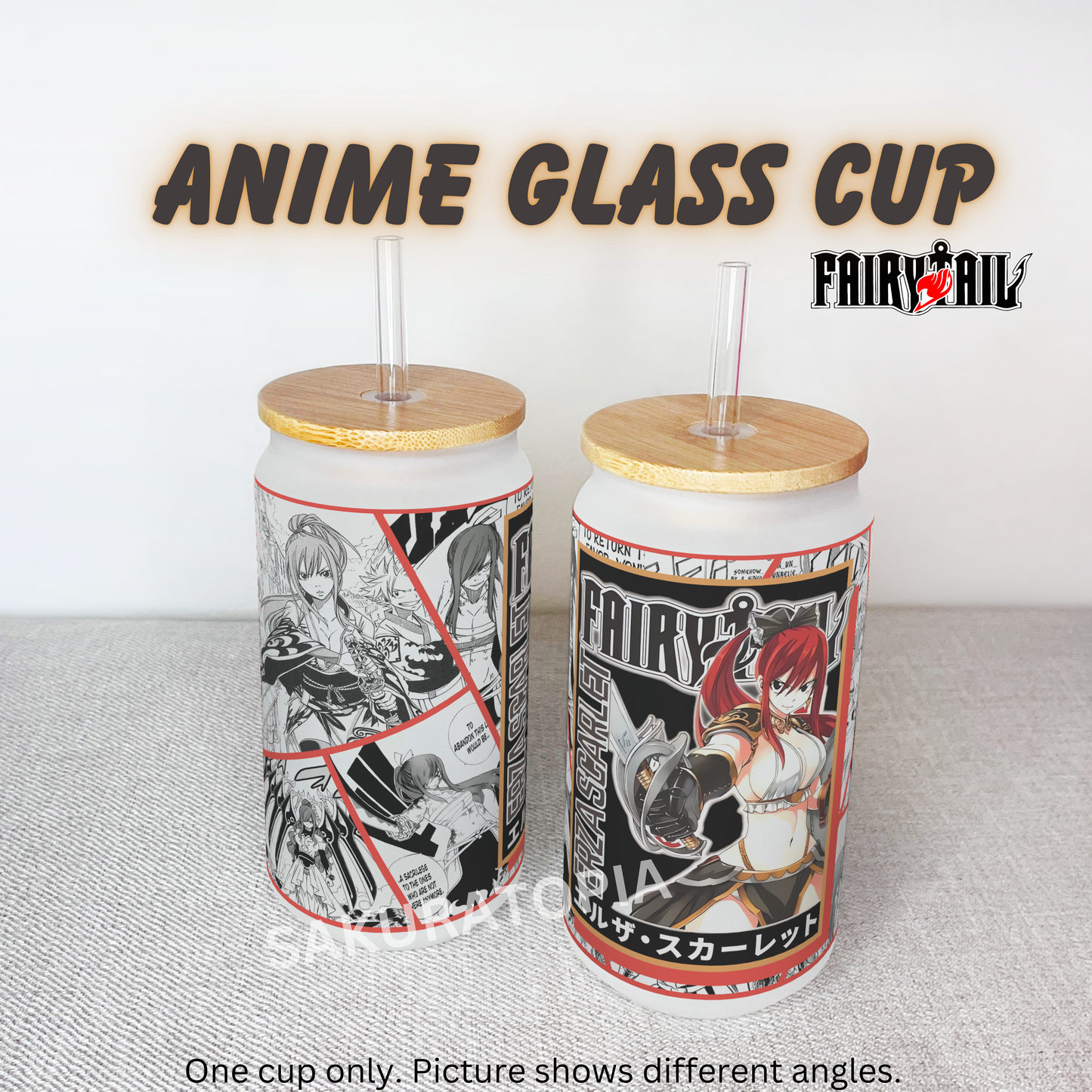 Fairy Tail Anime Matte/ Frosted Glass cup 16oz Beer Can Glass with Straw and Lid
