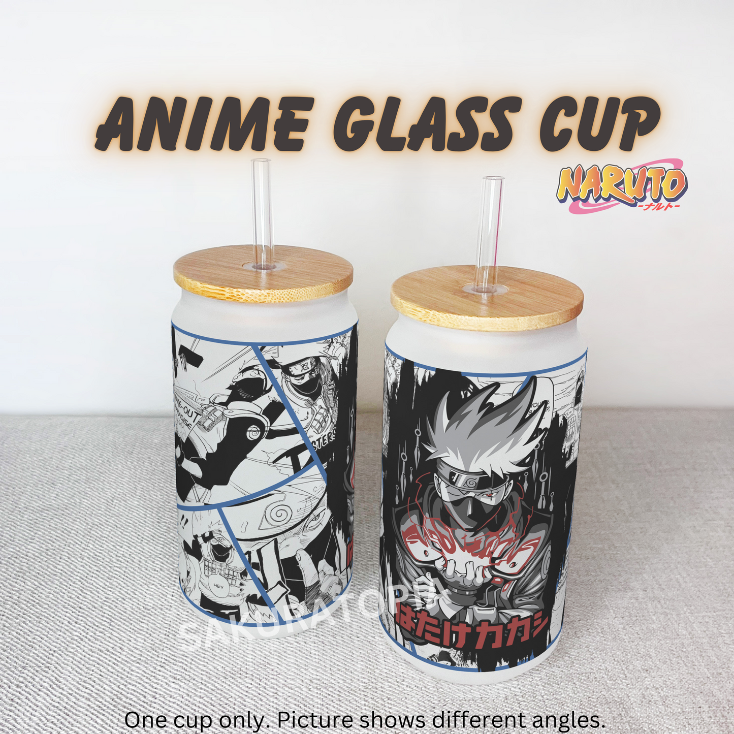 Naruto Anime Matte/ Frosted Glass cup 16oz Beer Can Glass with Straw and Lid