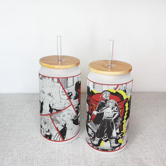 Tokyo Revengers Anime Matte/ Frosted Glass cup 16oz Beer Can Glass with Straw and Lid