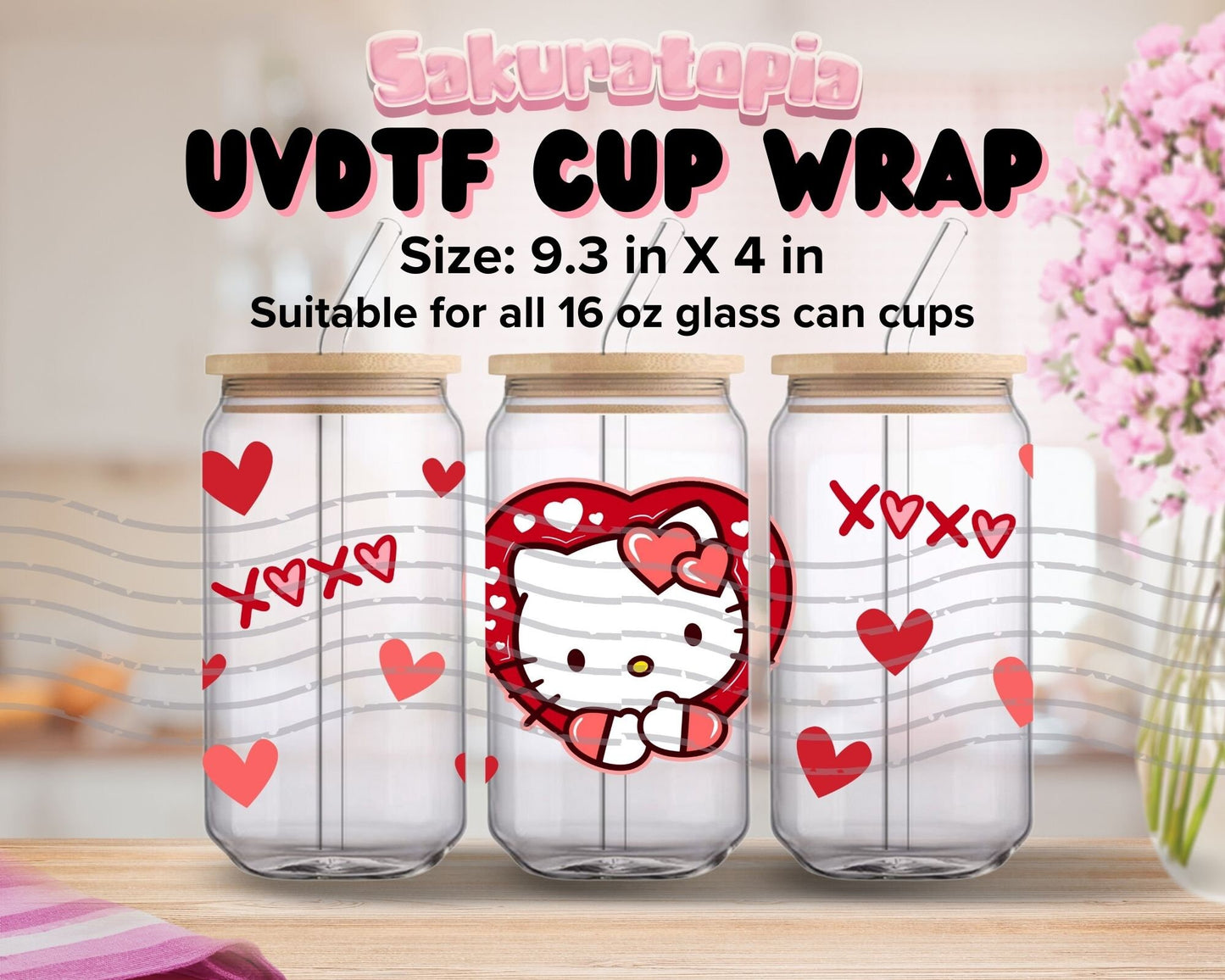 UVDTF Sanrio Valentine's Day Kawaii Cat Cup Wrap, Ready to use UVDTF for Glass Cup , Valentines Day Libbey glass wrap, Beer can glass 16oz wrap