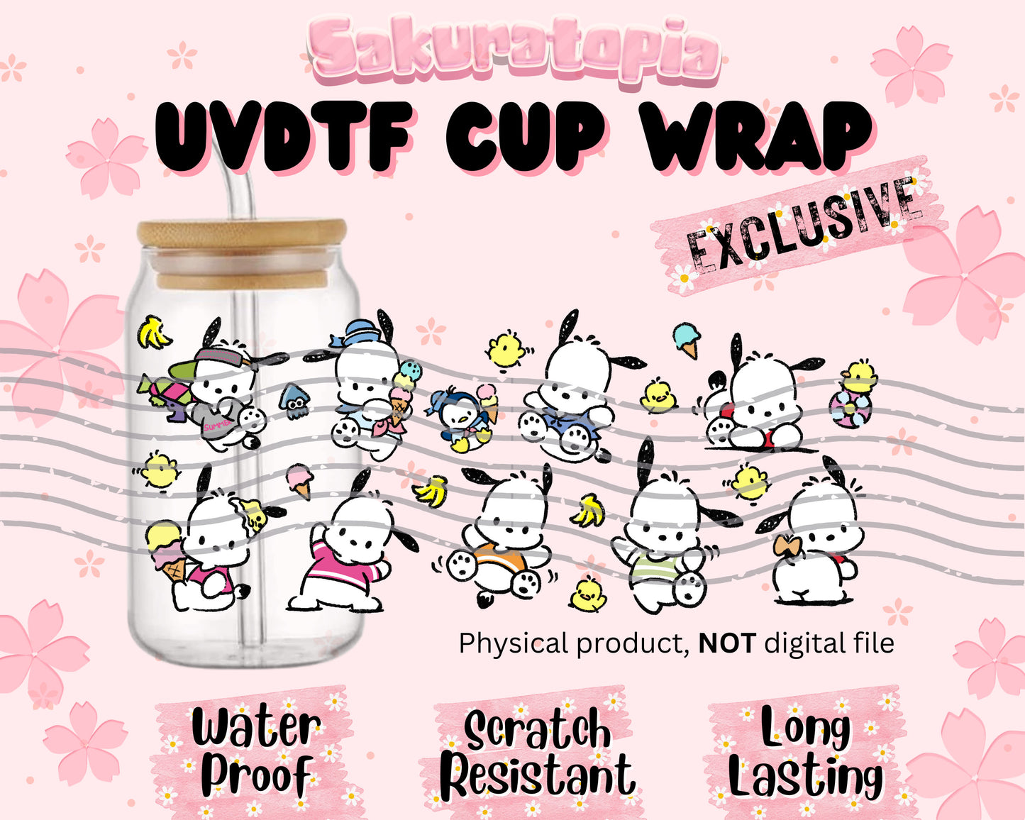 UVDTF Sanrio Anime Cup Wrap, Ready to Use Glass Cup UVDTF transfers for Glass Can | Ready to Apply UVDTF wraps for Libbey Glass