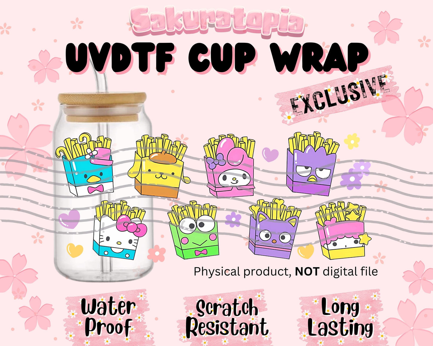 UVDTF Sanrio Anime Cup Wrap, Ready to Use Glass Cup UVDTF transfers for Glass Can | Ready to Apply UVDTF wraps for Libbey Glass